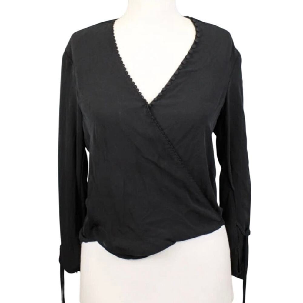 3.1 Phillip Lim Black Silk Long Sleeve V- Neck Wrap Blouse Size 0